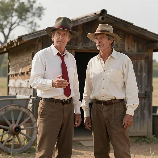 Two Men by Rustic Shack with Wagon Wheel