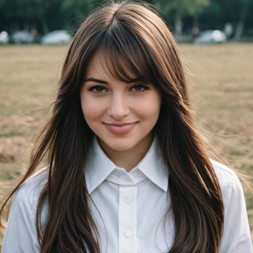 Young Woman with Long Brown Hair in White Shirt