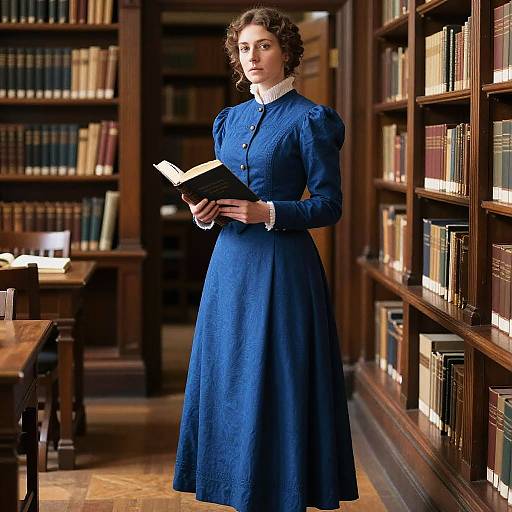 Photograph of a Victorian-era woman with curly brown hair, wearing a blue dress with puffed sleeves, holding a book in a dimly lit,