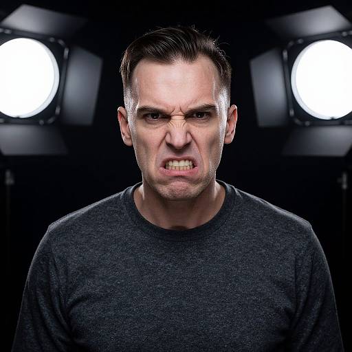 Photograph of a white man with short dark hair, grimacing fiercely, wearing a dark grey shirt, illuminated by two bright studio lights against a black
