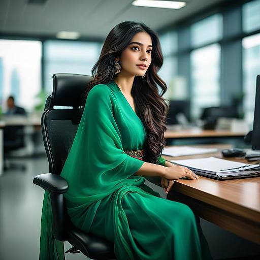Confident Woman in Green Dress in Modern Office