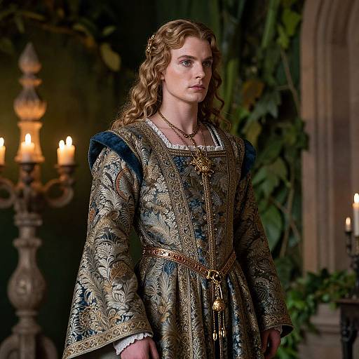 Photograph of a young woman with curly blonde hair in an elaborate, ornate medieval gown with gold and blue patterns, standing in a dimly lit