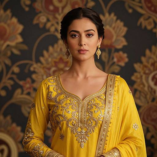 Photograph of a South Asian woman with dark hair in an elegant yellow embroidered traditional outfit, ornate gold earrings, against a floral-patterned dark background