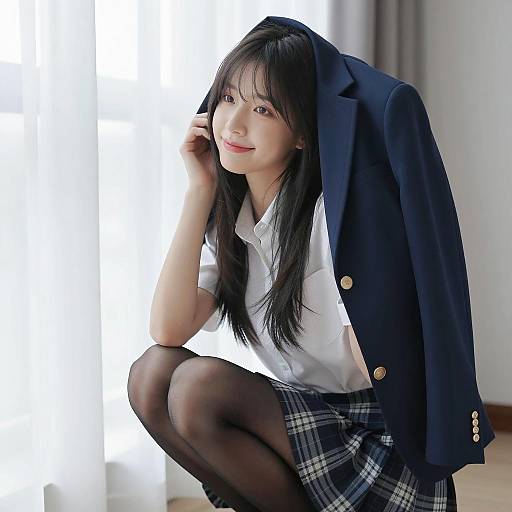 Asian Woman Squatting with Blazer Over Head