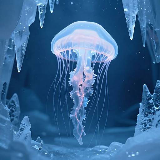 Photograph of a glowing blue jellyfish with long, translucent tentacles floating amidst icy cave formations, illuminated by ethereal light.