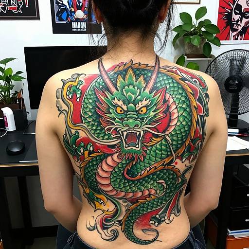 Photograph of an Asian woman with black hair, facing away, showcasing a vibrant, detailed dragon tattoo on her back in a tattoo studio.