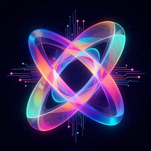 Digital artwork of a glowing, neon, multicolored, intersecting ring pattern on a black background with futuristic circuit lines.