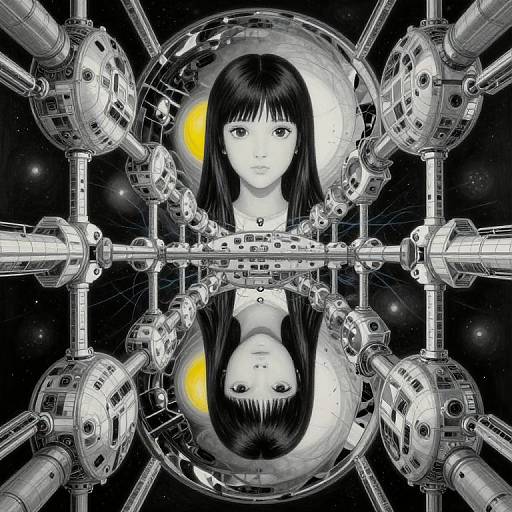 Digital art: Anime-style girl with black hair, centered between mirrored robotic structures, yellow moon behind, in a starry black space background.