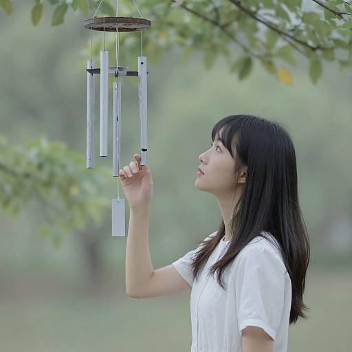 Asian woman with black hair in white shirt, gazes upwards at a modern, cylindrical wind chime with vertical tubes, outdoors.