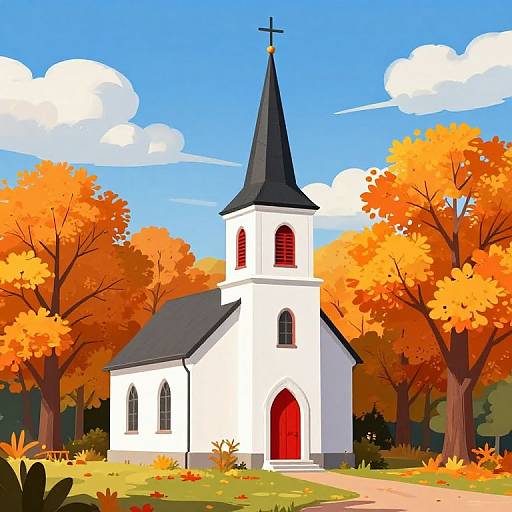 Digital illustration of a white church with a black steeple, red doors, surrounded by vibrant orange autumn trees, clear blue sky, and scattered clouds
