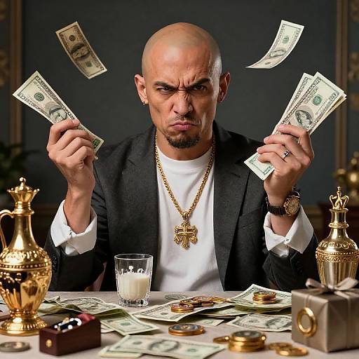 Photograph of a bald, stern-looking man in a black suit, white shirt, and gold cross necklace, holding up money while seated at a table