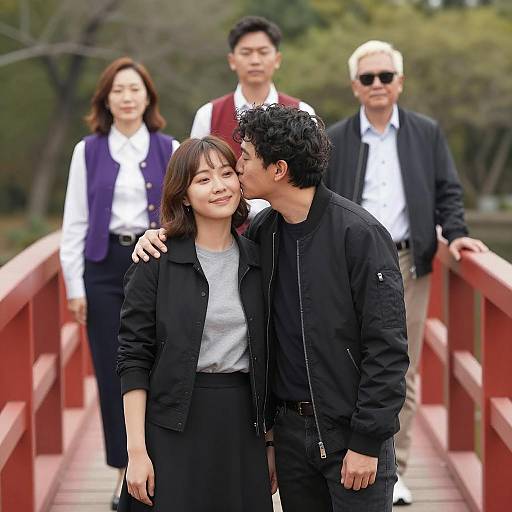 Romantic Couple on a Red Bridge