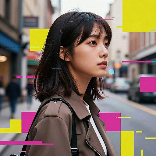 Photograph of an Asian woman with shoulder-length black hair, wearing a brown jacket, standing on a blurred urban street, with colorful digital squares overlaying