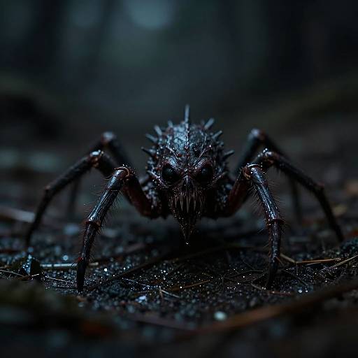 Close-up photograph of a dark, wet, and glistening spider with spiked legs, set against a blurred, moody, blue-toned background.