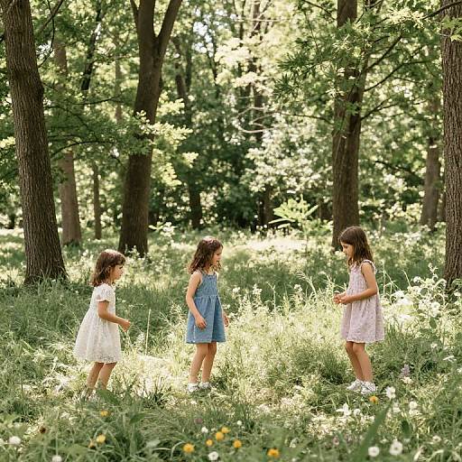 Photograph of three young girls in a sunlit forest, wearing white, blue, and pink dresses, standing among tall grass and trees.