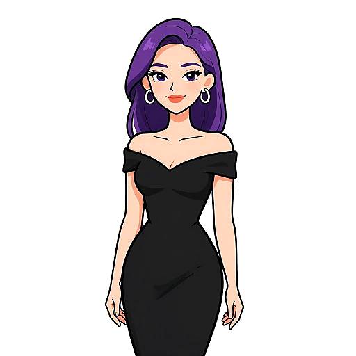 Digital anime-style drawing of a smiling woman with purple hair, wearing an off-shoulder black dress and large hoop earrings, standing against a white background