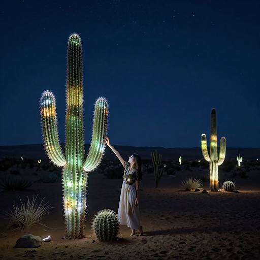 Photograph of a woman in a white dress touching a brightly illuminated cactus under a starry night sky in a desert.