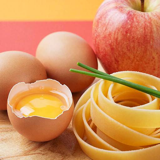 Eggs, pasta and apple on wooden surface