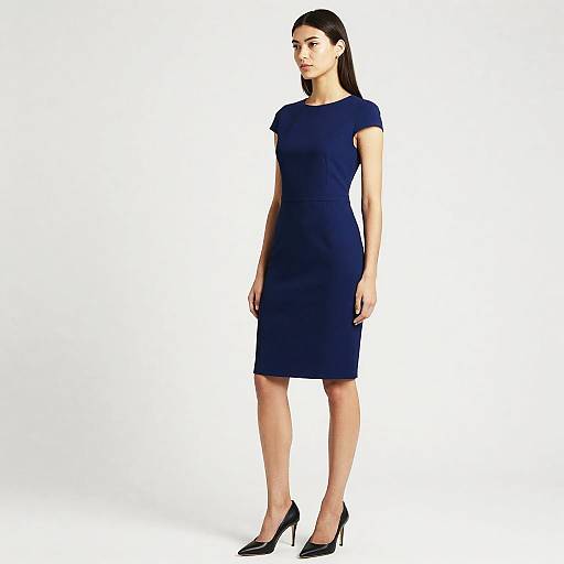 Photograph of a slender woman with long dark hair, wearing a navy blue, short-sleeved, knee-length dress and black high heels, standing