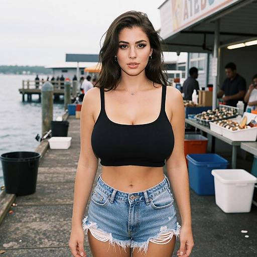 Woman in Casual Summer Outfit at Fishing Pier