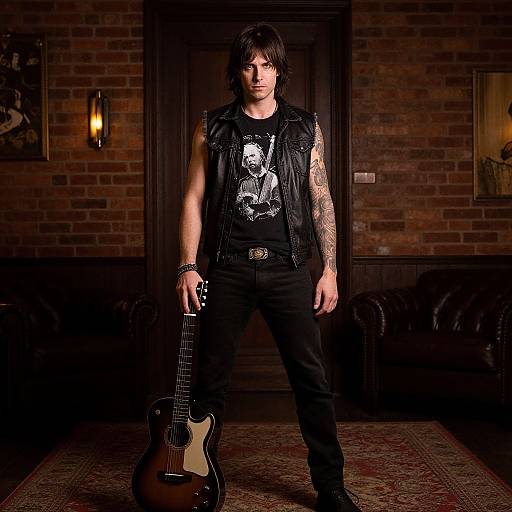 Photograph of a tattooed, dark-haired man in a black vest and shirt, holding an electric guitar, standing in a dimly lit brick-w