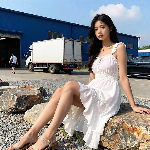 Young Woman in Ruffled Dress on Rocks