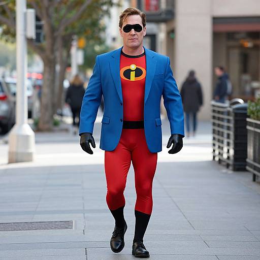 Photograph of a man in a blue suit, red superhero outfit with the 