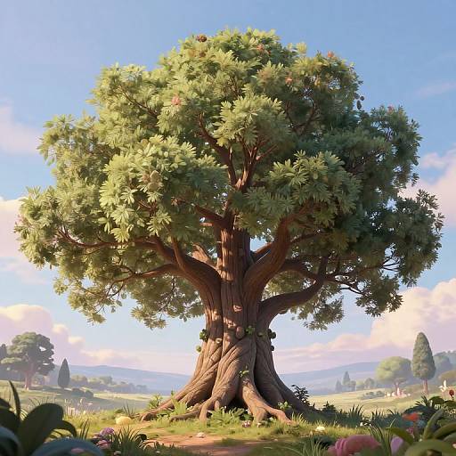 CGI image of a large, lush, green tree with a thick, textured trunk, set in a sunny, rolling countryside landscape.