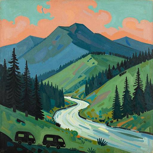 Abstract Mountain Landscape with Campers