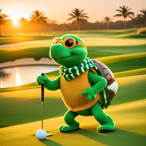 Knitted Turtle Playing Golf at Sunset