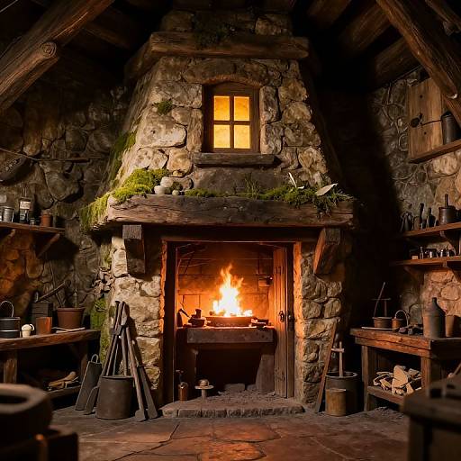 Cozy stone cottage fireplace with a roaring fire, wooden beams, rustic shelves, potted plants, and warm yellow-lit window above. Photograph.