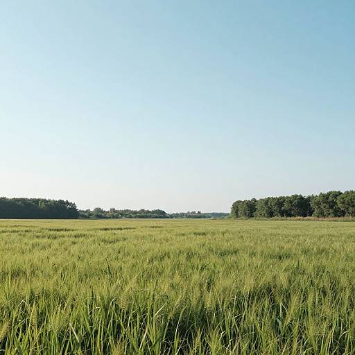 Photograph of a vast, green, grassy field under a clear, bright blue sky, with a distant tree line on the horizon.