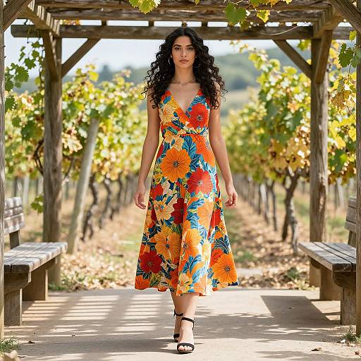 Confident Woman in Floral Dress Walking