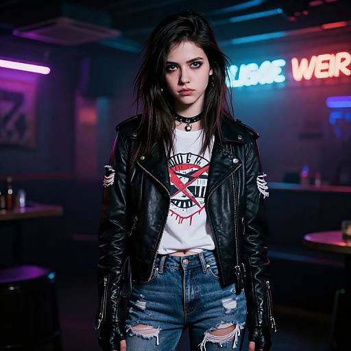Photograph of a pale-skinned woman with dark hair, wearing a black leather jacket, white graphic tee, and ripped jeans, standing in a neon
