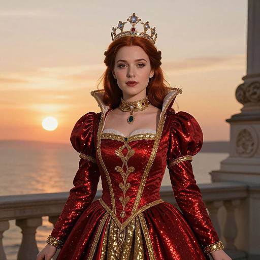 Regal Woman in Crimson Gown at Sunset