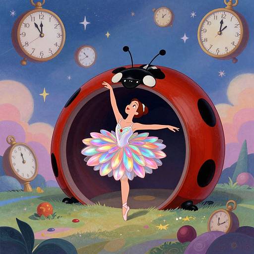 Digital illustration of a ballerina in a colorful tutu dancing in front of a giant red ladybug clock, surrounded by floating clocks and vibrant,