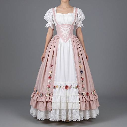 Photograph of a woman in a vintage-style, pale pink ball gown with white lace trim, floral embroidery, and multiple ruffled layers.