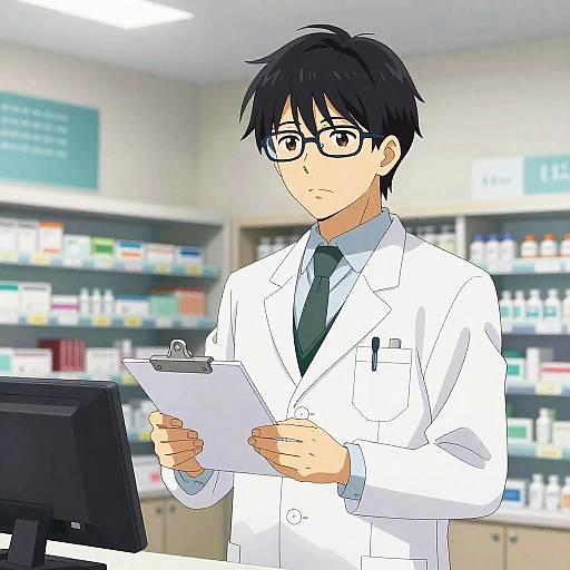 Anime Male Pharmacist in Modern Pharmacy
