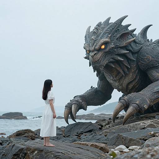 Photograph of a young girl in a white dress facing a large, dark, dragon-like creature with glowing eyes on rocky coastal terrain.