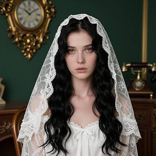 Photograph of a pale-skinned woman with long black hair, wearing a white lace veil and dress, standing in a vintage room with a gold clock