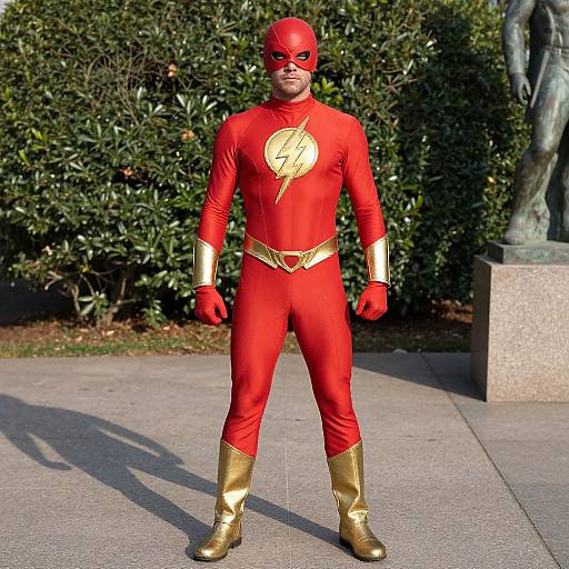 Man in Red and Gold Superhero Costume Outdoors