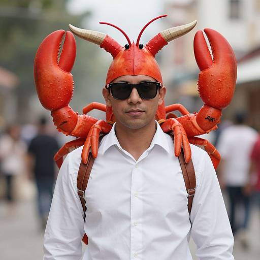 Photograph of a man in a bright red lobster costume with large claws, black sunglasses, white shirt, and brown straps, standing in a blurred urban