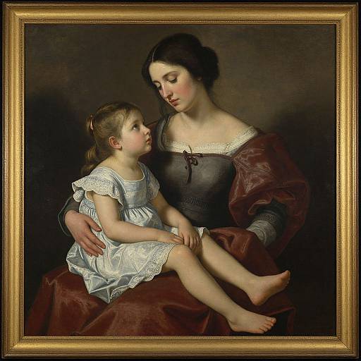 Baroque-style painting of a fair-skinned woman with dark hair, in a burgundy dress, cradling a young girl in a white lace