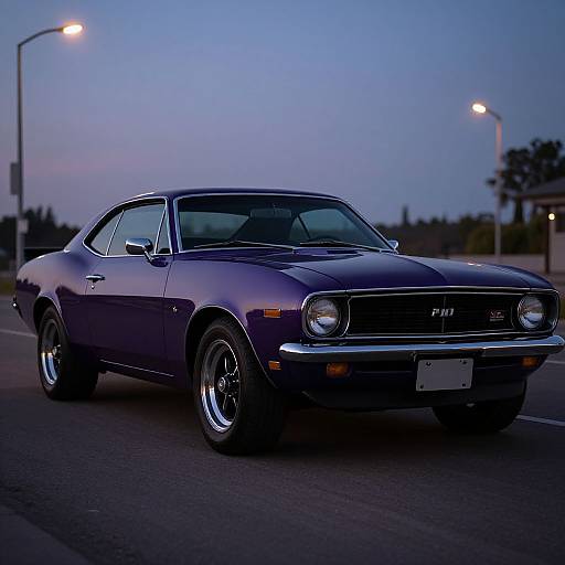 Photograph of a purple vintage Plymouth Road Runner muscle car at dusk, streetlights illuminating, sleek chrome details, blue twilight sky.
