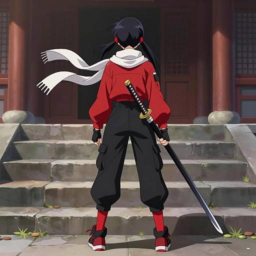 Anime Woman with Katana on Stone Steps