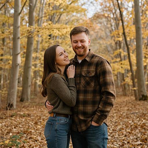Photograph of a smiling couple in an autumn forest, man in plaid shirt, woman in brown sweater and jeans, standing on fallen leaves.