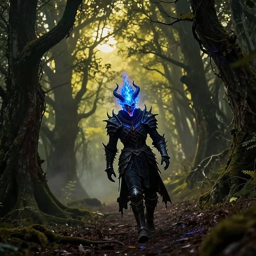 Digital art: Dark, armored figure with blue, glowing horns and armor walks down a misty, forest path with yellow sunlight filtering through trees.