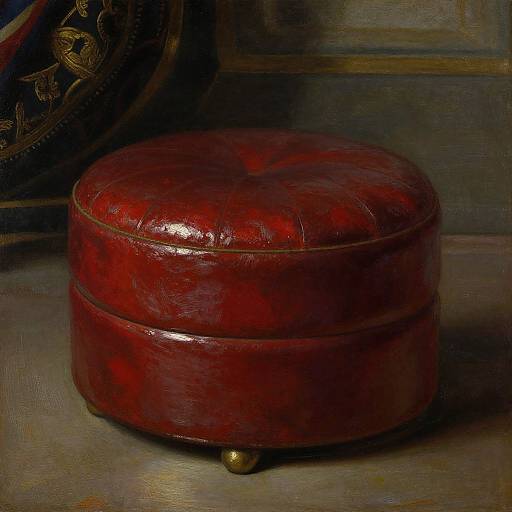 Photograph of a round, glossy red leather ottoman with gold legs, positioned against a dark, ornate wall with intricate patterns.