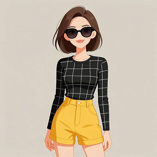 Digital anime-style drawing of a smiling woman with short brown hair, black checkered top, yellow high-waisted shorts, and black sunglasses.