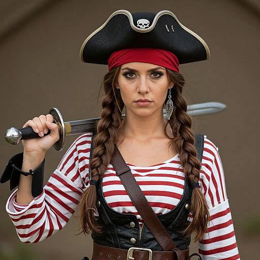Photograph of a young woman with braided brown hair, wearing a black tricorn hat, red bandana, and striped shirt, holding a sword